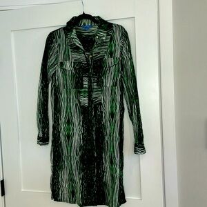 Derek Lam green, white, and black shirt dress.